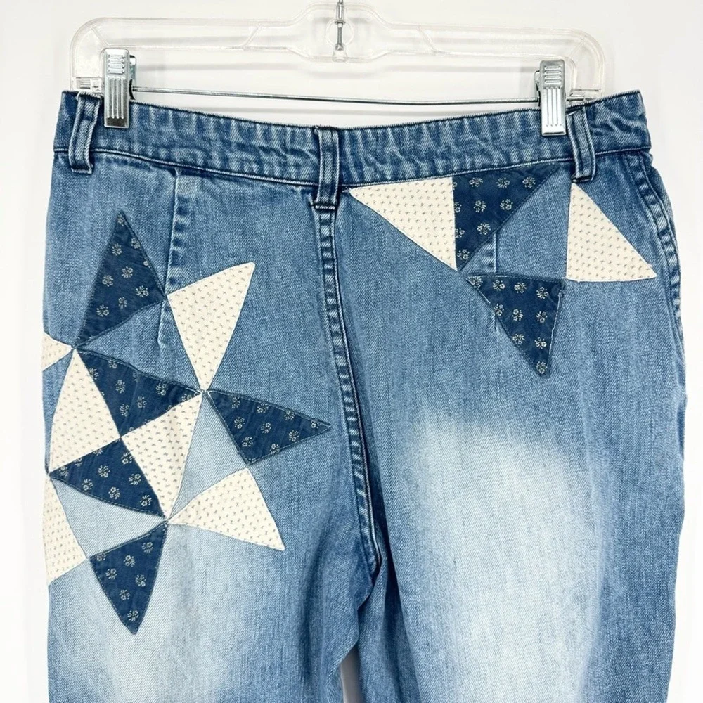 FP We The Free Down To Earth Patched Ripped Tapered Blue Jeans Sz 29 Boho Hippie